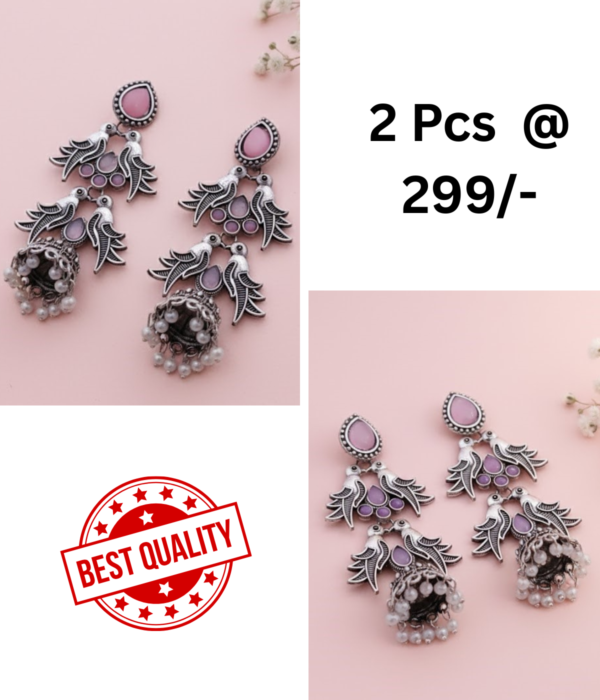 Stunning Oxidized Silver Bird Jhumka Earrings with Pink and Black Stones