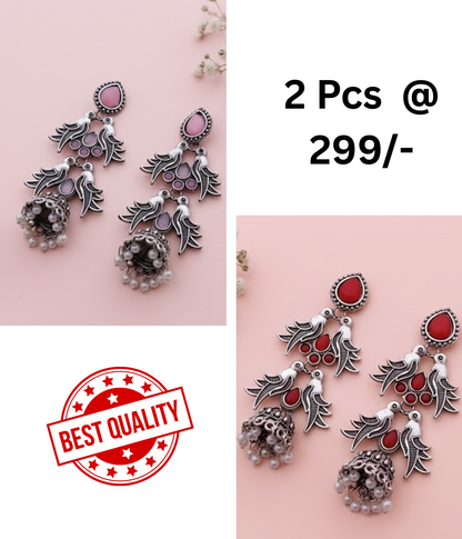 Stunning Oxidized Silver Bird Jhumka Earrings with Pink and Black Stones