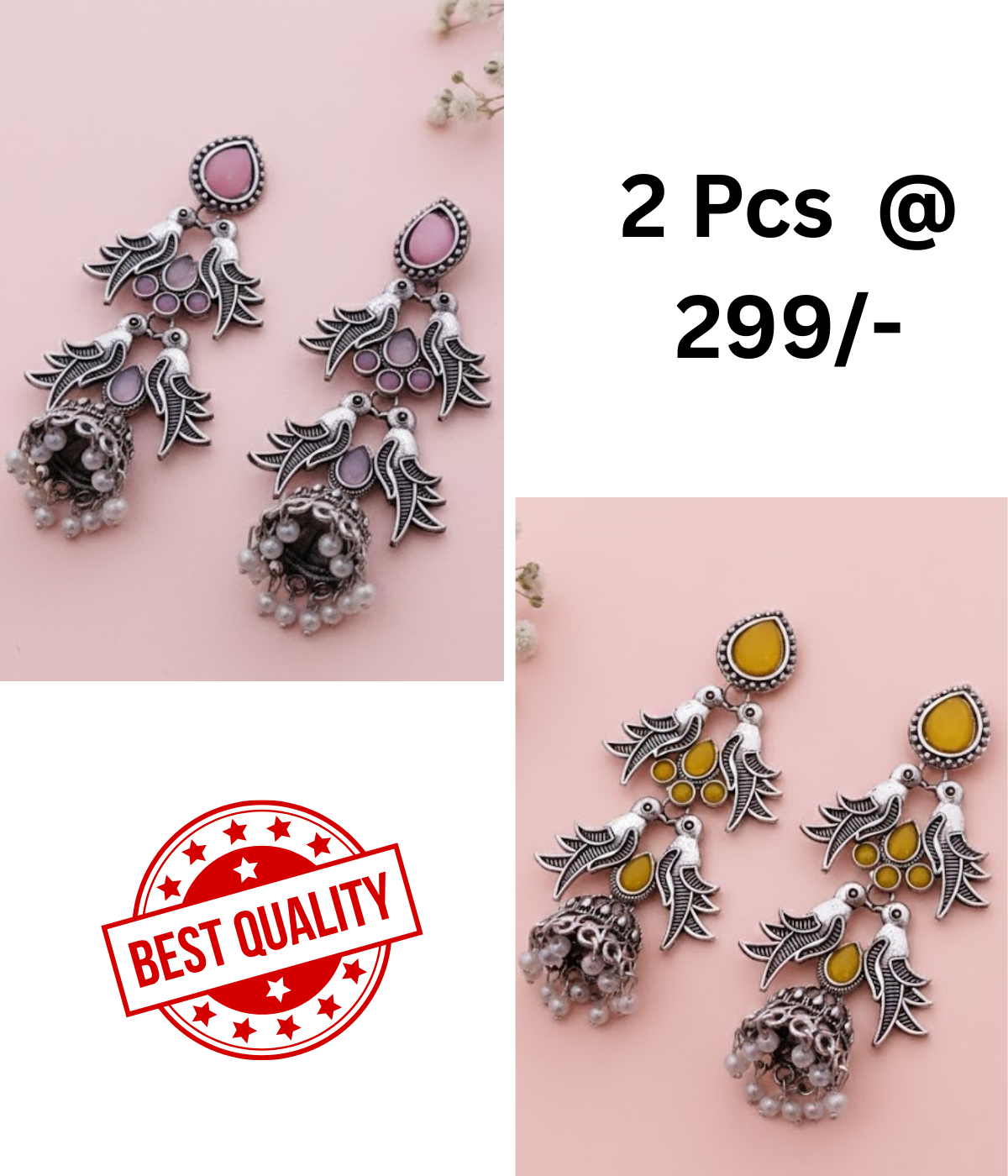 Stunning Oxidized Silver Bird Jhumka Earrings with Pink and Black Stones