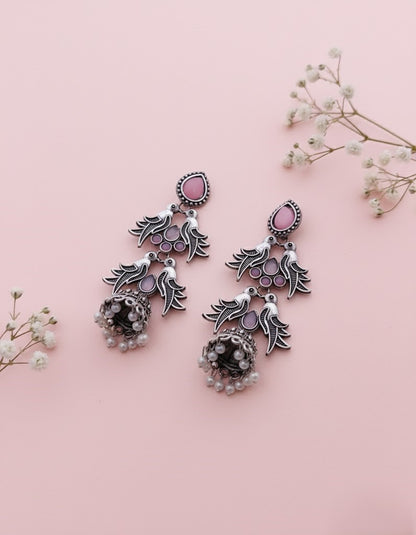 Elegant Oxidized Silver Peacock Jhumka Earrings with Green & Black Stones