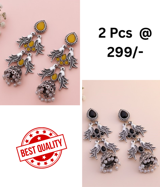 Ethnic Oxidised Silver Bird Jhumka Earrings - Yellow & Black Stone Design