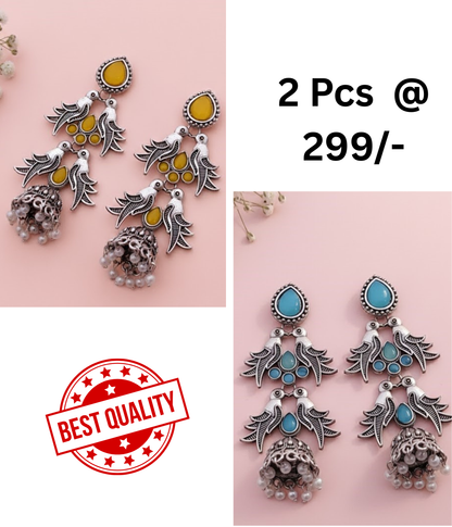 Ethnic Oxidised Silver Bird Jhumka Earrings - Yellow & Black Stone Design
