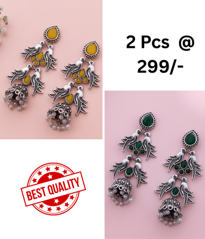 Ethnic Oxidised Silver Bird Jhumka Earrings - Yellow & Black Stone Design