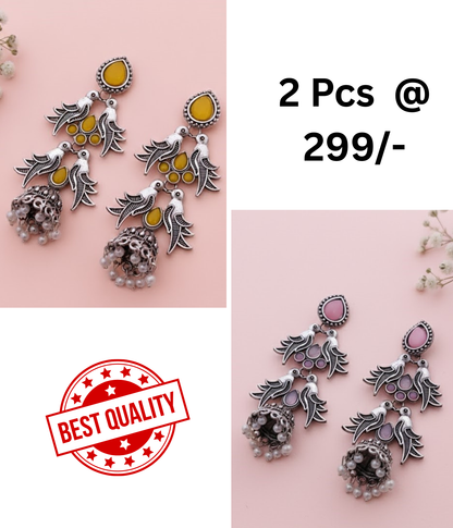 Ethnic Oxidised Silver Bird Jhumka Earrings - Yellow & Black Stone Design