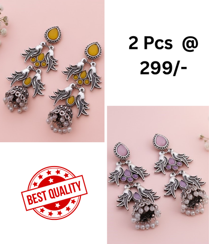 Ethnic Oxidised Silver Bird Jhumka Earrings - Yellow & Black Stone Design