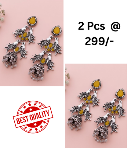 Ethnic Oxidised Silver Bird Jhumka Earrings - Yellow & Black Stone Design