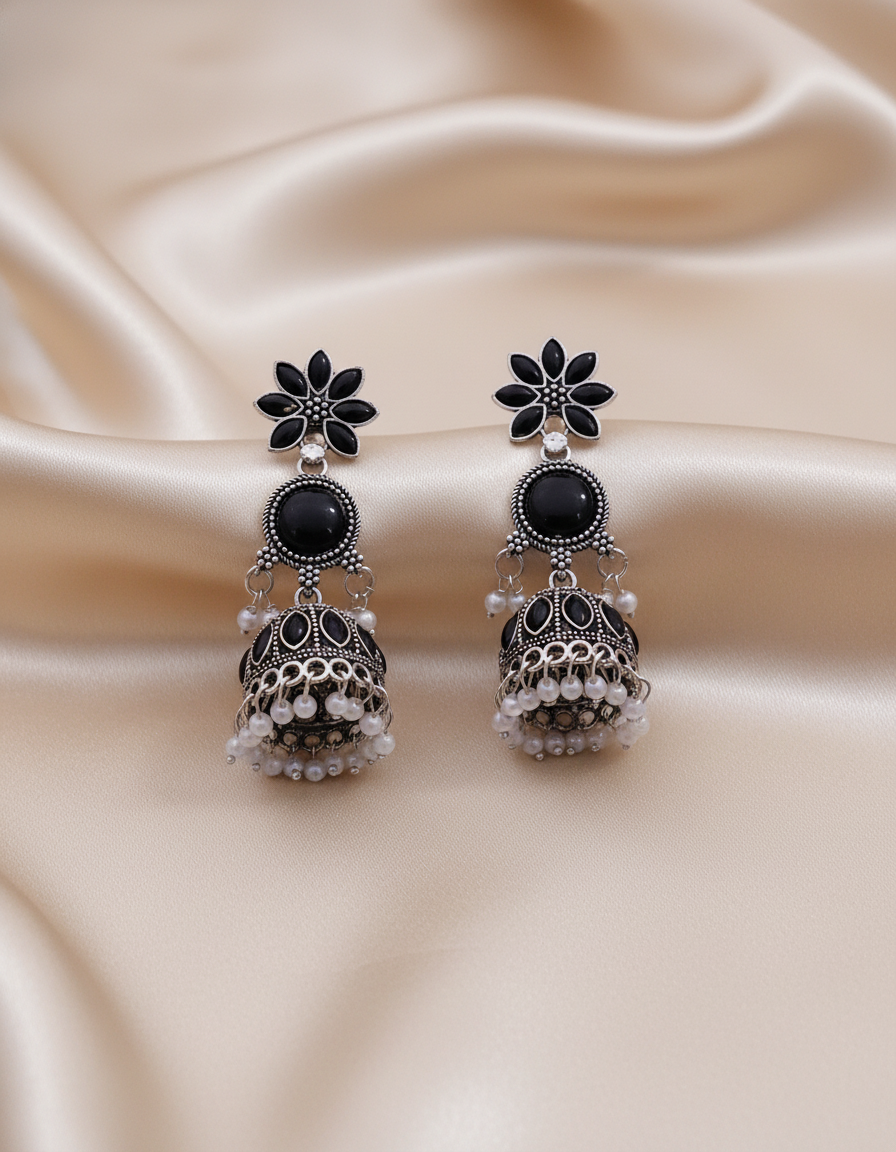 Elegant Oxidized Silver Turquoise Stone Jhumka Earrings