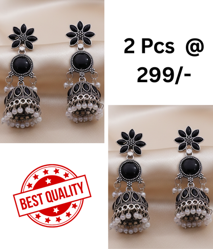 Elegant Black Oxidized Jhumka Earrings with Pearl Drops