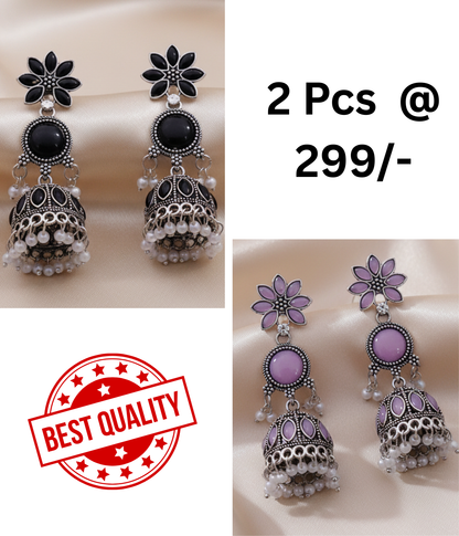 Elegant Black Oxidized Jhumka Earrings with Pearl Drops