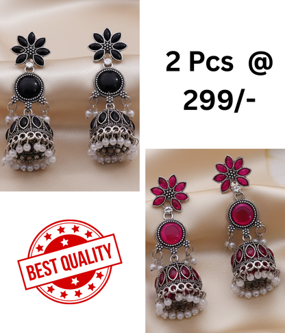 Elegant Black Oxidized Jhumka Earrings with Pearl Drops