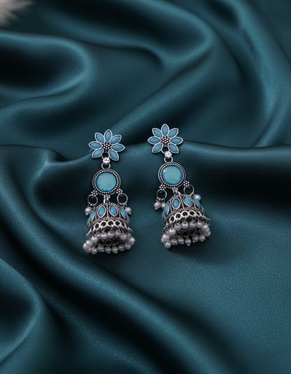 Exquisite Turquoise Blue & Pearl Jhumka Earrings