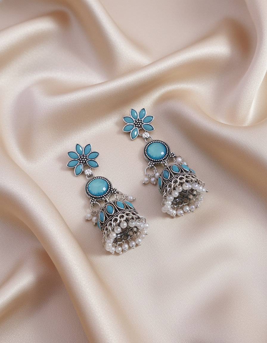 Elegant Oxidized Silver Turquoise Stone Jhumka Earrings