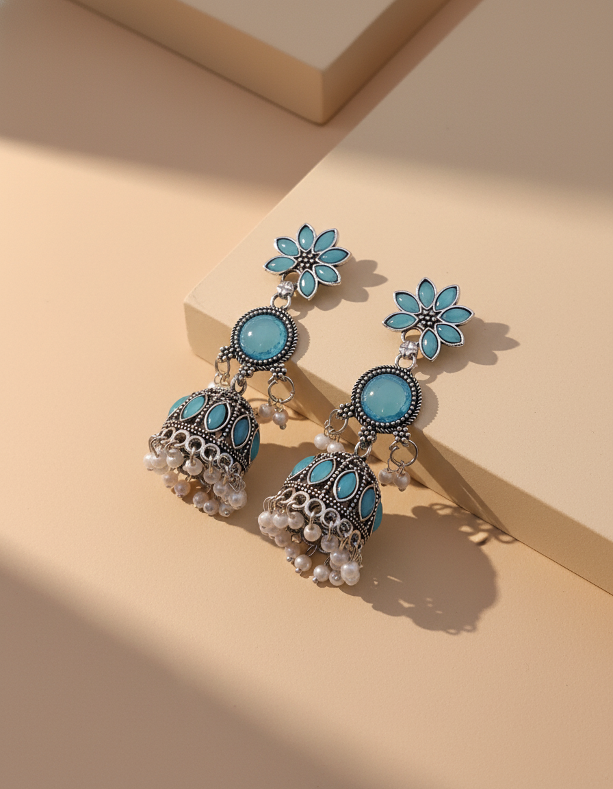Exquisite Turquoise Blue & Pearl Jhumka Earrings