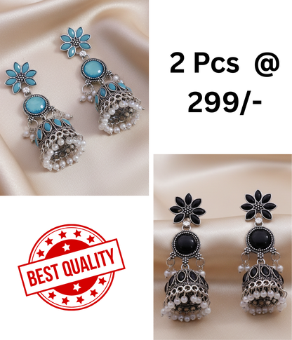 Elegant Oxidized Silver Turquoise Stone Jhumka Earrings