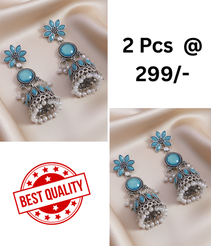Elegant Oxidized Silver Turquoise Stone Jhumka Earrings