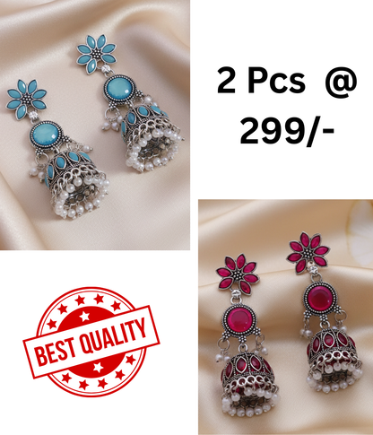 Elegant Oxidized Silver Turquoise Stone Jhumka Earrings