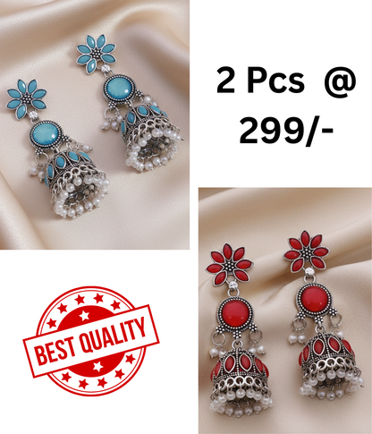 Elegant Oxidized Silver Turquoise Stone Jhumka Earrings