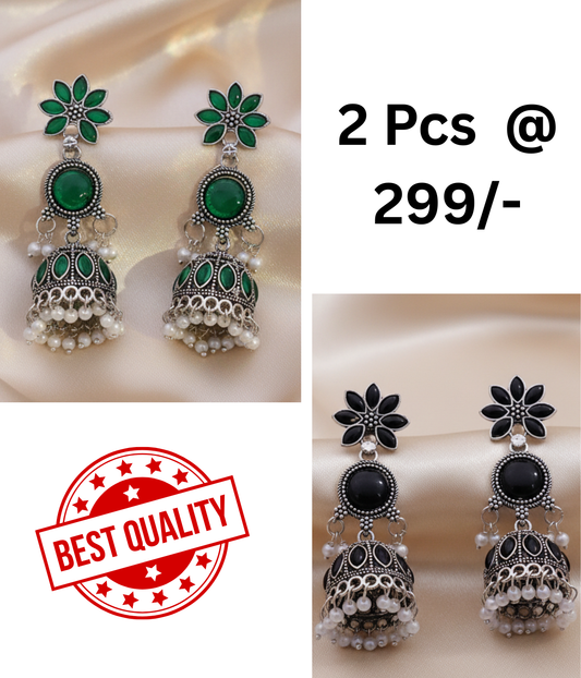 Exquisite Oxidized Silver Jhumka Earrings with Green and Black Stones