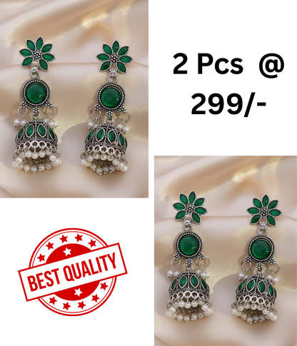 Exquisite Oxidized Silver Jhumka Earrings with Green and Black Stones