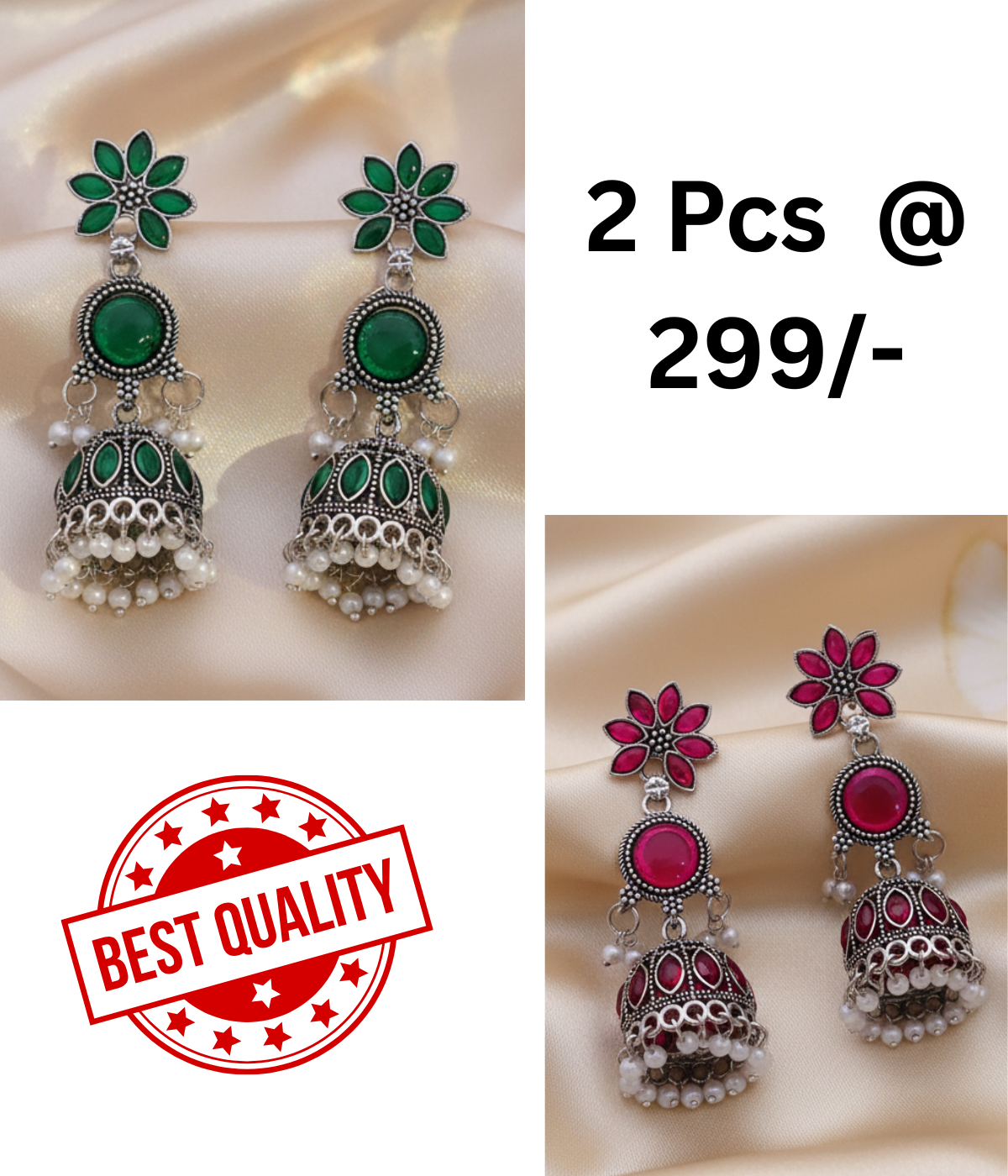 Exquisite Oxidized Silver Jhumka Earrings with Green and Black Stones