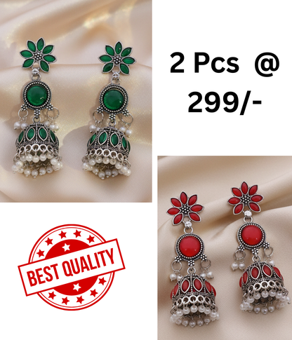 Exquisite Oxidized Silver Jhumka Earrings with Green and Black Stones