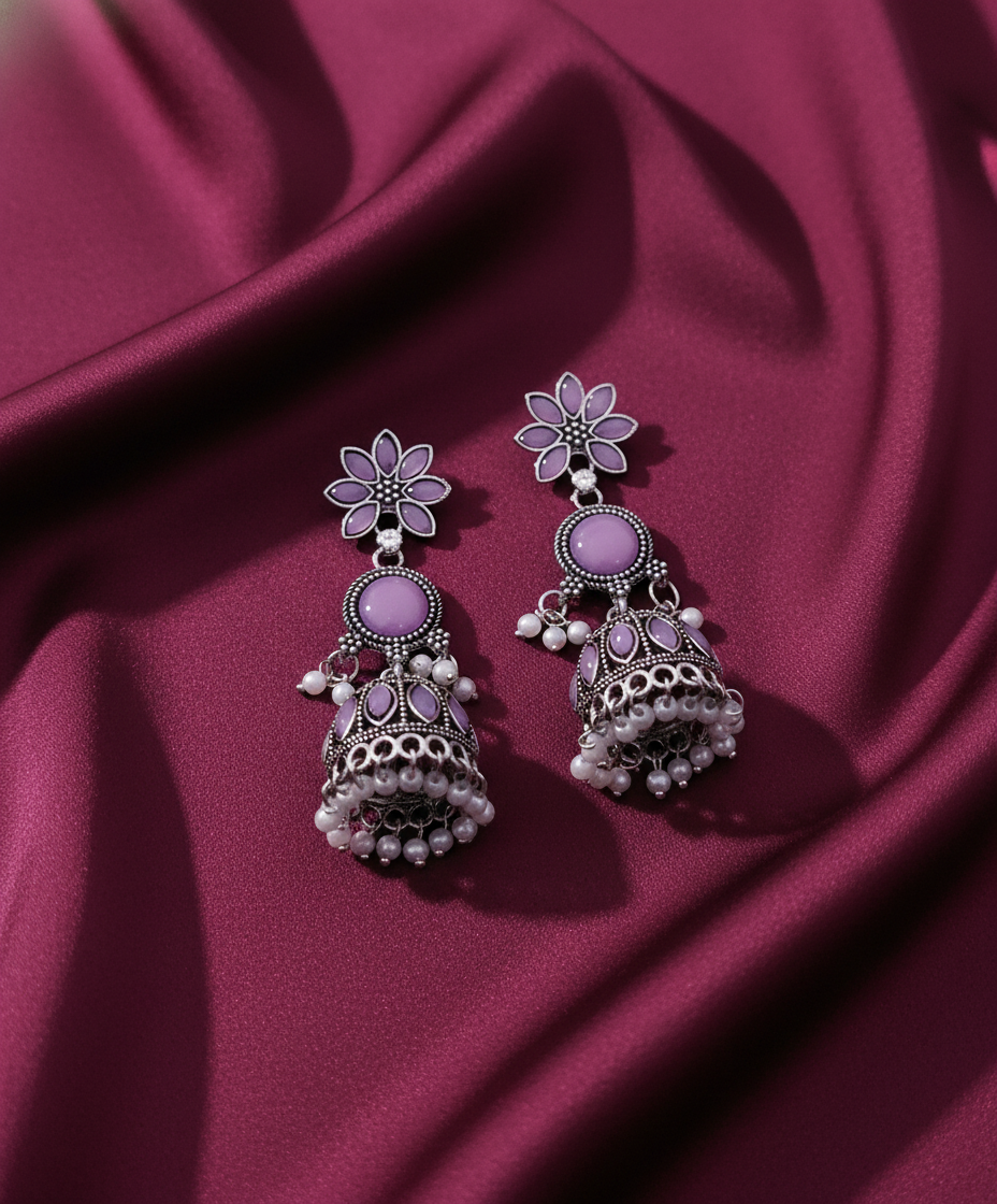 Exquisite Lavender Oxidized Jhumka Earrings with Pearl Drops