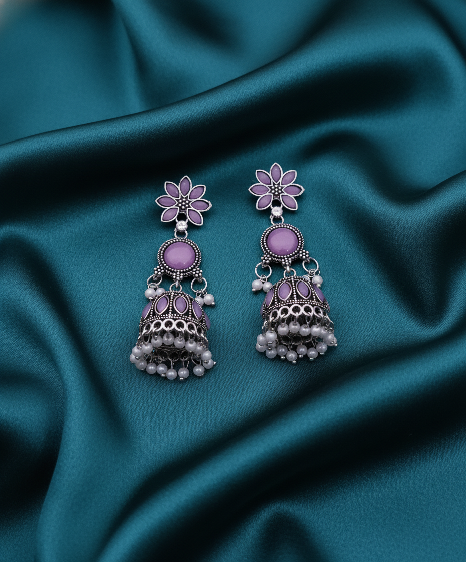 Exquisite Lavender Oxidized Jhumka Earrings with Pearl Drops