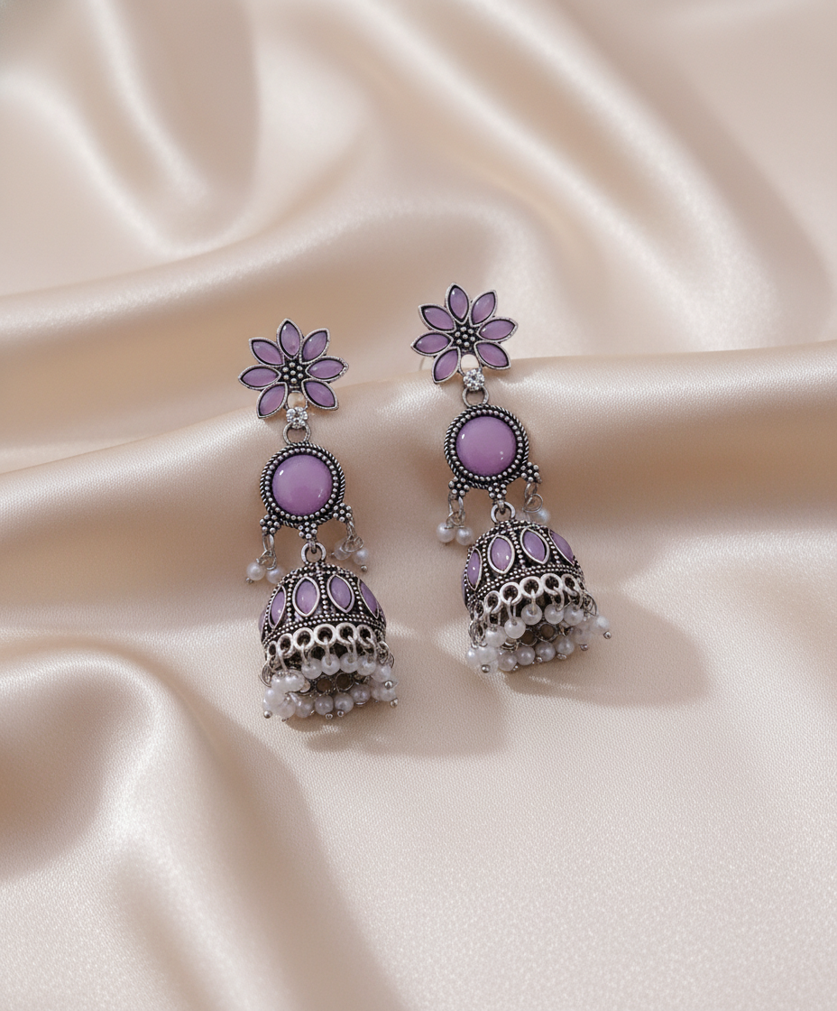 Exquisite Rani Pink & Black Oxidized Jhumka Earrings with Pearl Drops