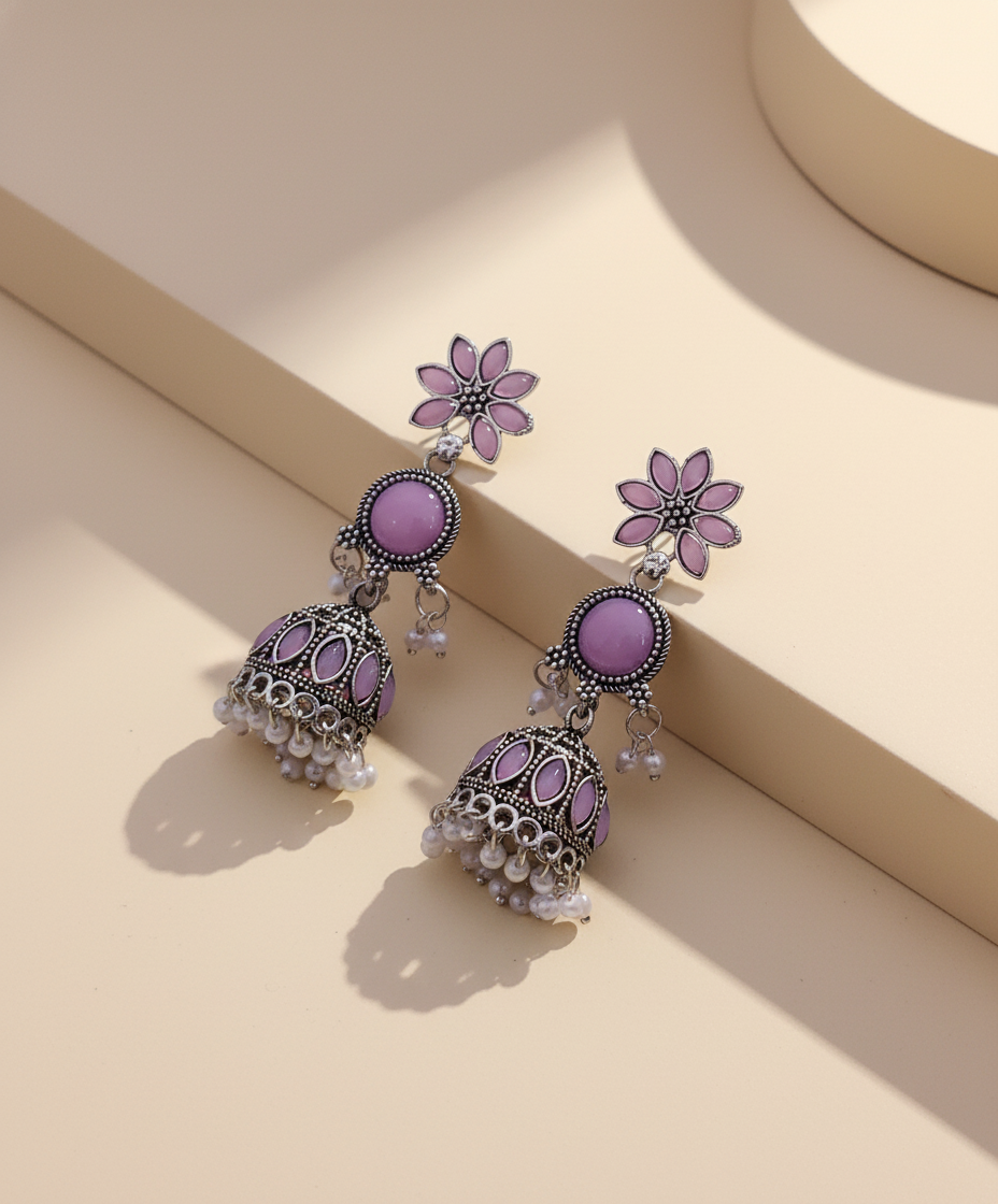 Exquisite Lavender Oxidized Jhumka Earrings with Pearl Drops