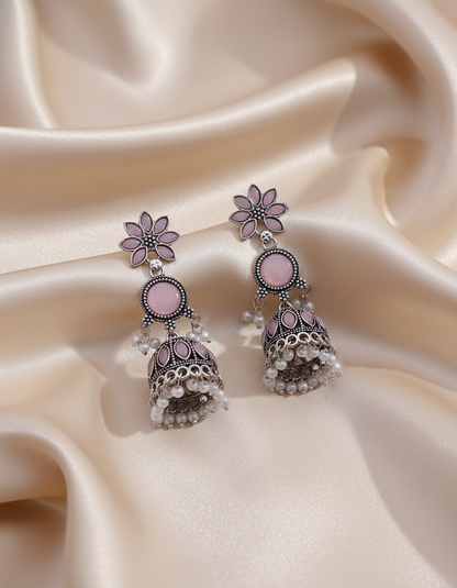 Exquisite Pink & Black Oxidized Jhumka Earrings with Pearl Drops