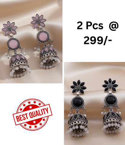 Exquisite Pink & Black Oxidized Jhumka Earrings with Pearl Drops