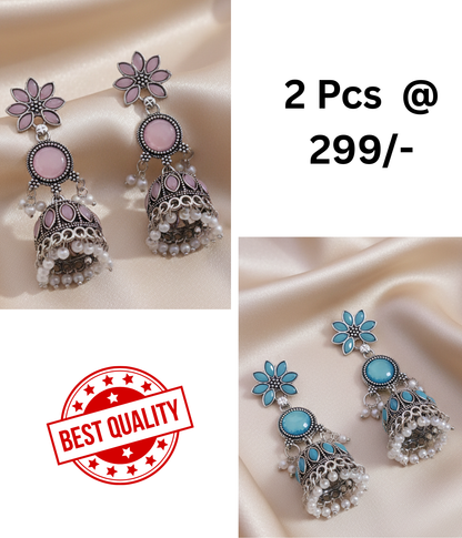 Exquisite Pink & Black Oxidized Jhumka Earrings with Pearl Drops