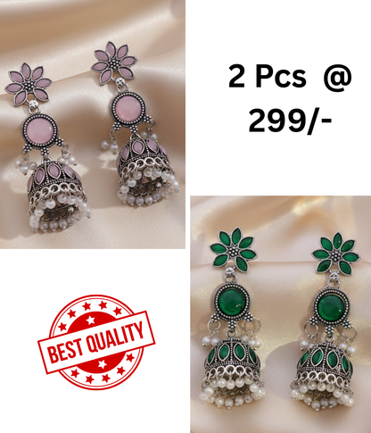 Exquisite Pink & Black Oxidized Jhumka Earrings with Pearl Drops