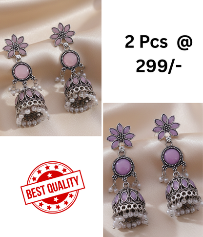 Exquisite Pink & Black Oxidized Jhumka Earrings with Pearl Drops