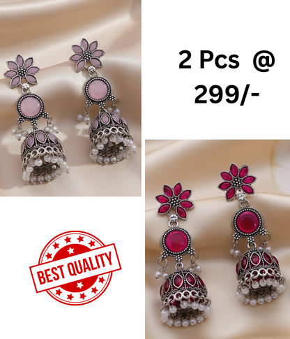 Exquisite Pink & Black Oxidized Jhumka Earrings with Pearl Drops