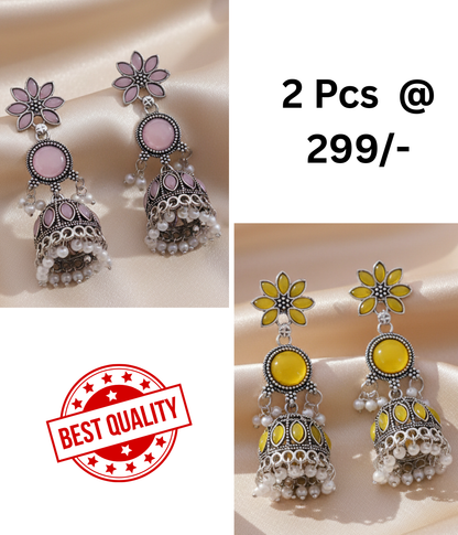 Exquisite Pink & Black Oxidized Jhumka Earrings with Pearl Drops