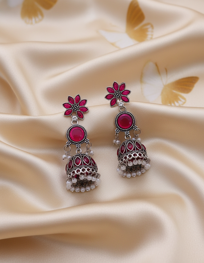 Elegant Oxidized Silver Turquoise Stone Jhumka Earrings