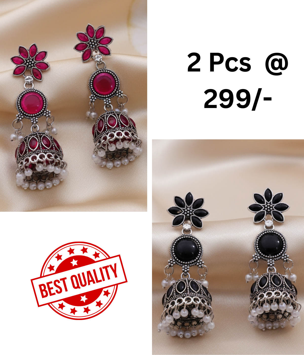 Exquisite Rani Pink & Black Oxidized Jhumka Earrings with Pearl Drops