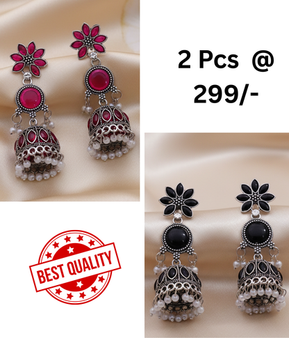 Exquisite Rani Pink & Black Oxidized Jhumka Earrings with Pearl Drops