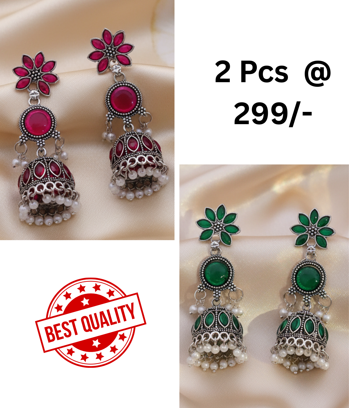 Exquisite Rani Pink & Black Oxidized Jhumka Earrings with Pearl Drops