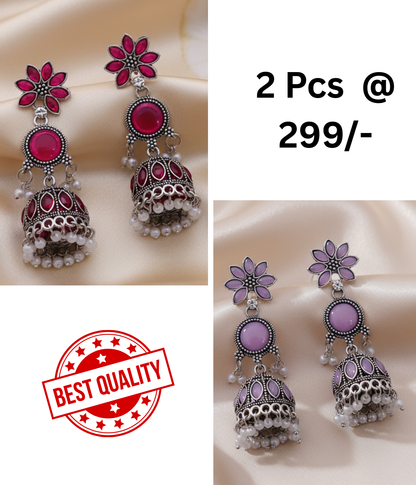 Exquisite Rani Pink & Black Oxidized Jhumka Earrings with Pearl Drops