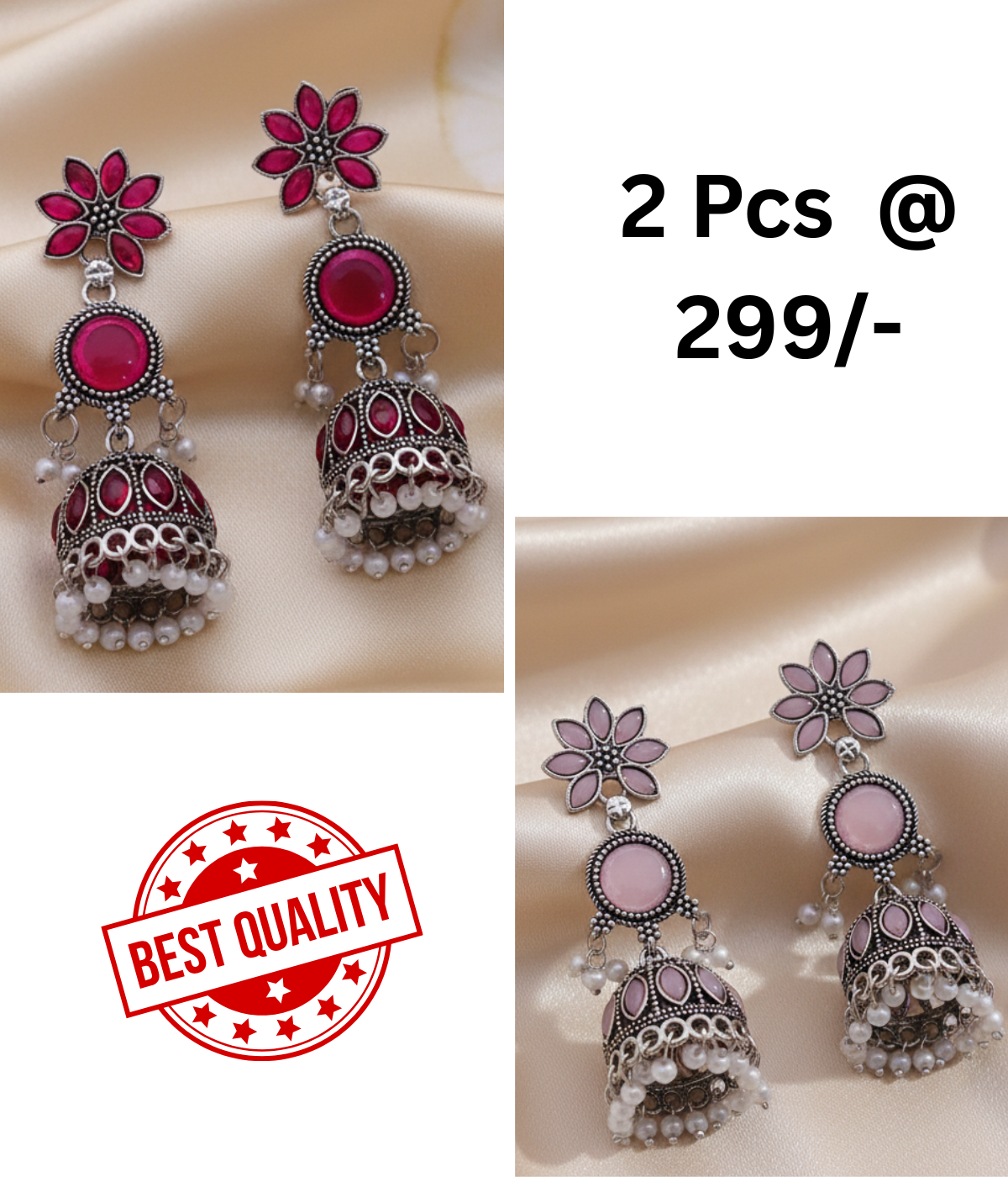 Exquisite Rani Pink & Black Oxidized Jhumka Earrings with Pearl Drops