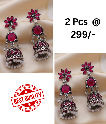 Exquisite Rani Pink & Black Oxidized Jhumka Earrings with Pearl Drops