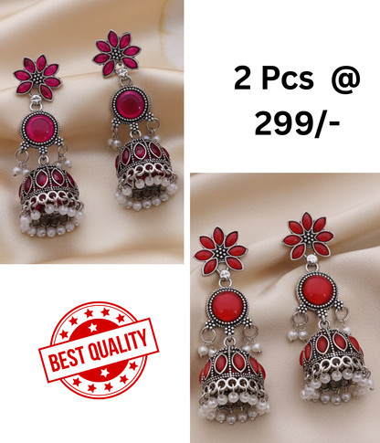Exquisite Rani Pink & Black Oxidized Jhumka Earrings with Pearl Drops