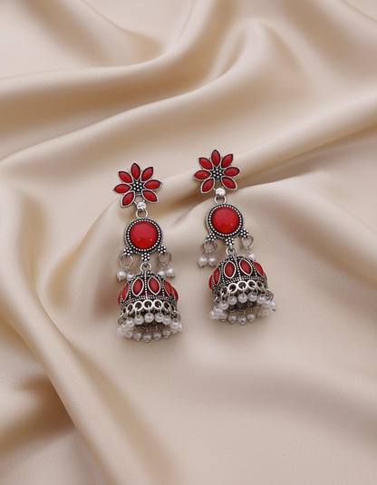 Elegant Oxidized Silver Turquoise Stone Jhumka Earrings