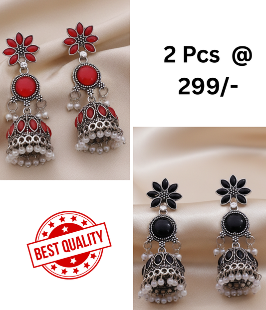 Stunning Oxidized Red and Black Stone Jhumka Earrings