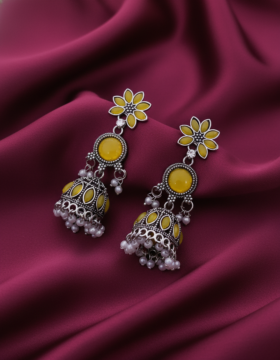 Exquisite Yellow Jhumka Earrings: Oxidized Silver & Pearl Design