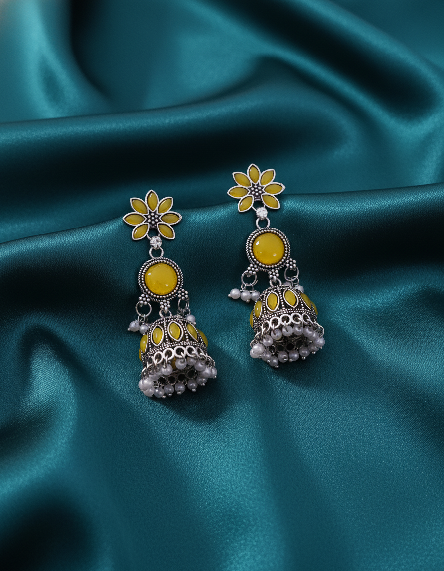 Exquisite Yellow Jhumka Earrings: Oxidized Silver & Pearl Design