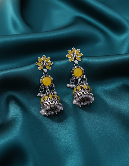 Exquisite Yellow Jhumka Earrings: Oxidized Silver & Pearl Design