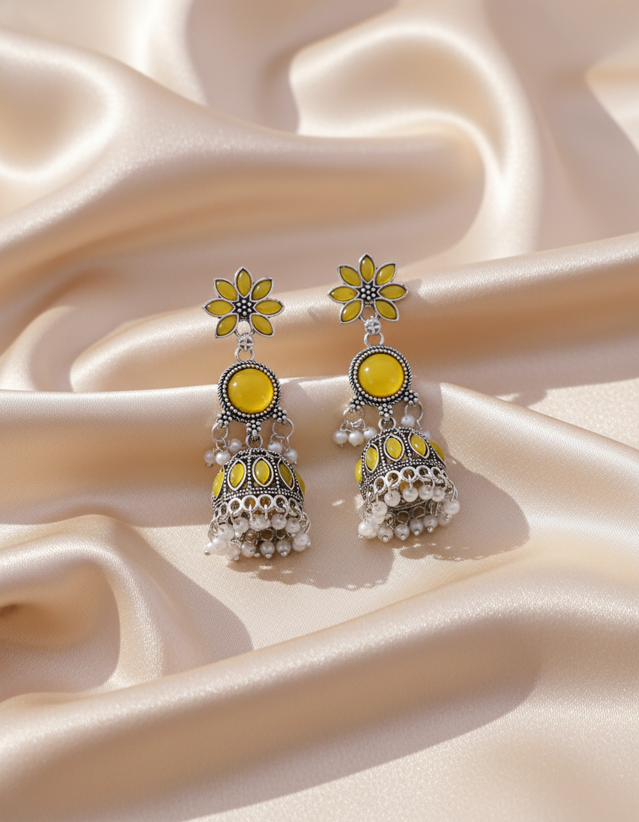 Elegant Oxidized Silver Turquoise Stone Jhumka Earrings